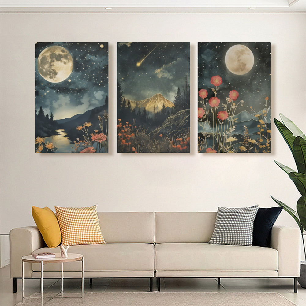 Floral Plants, Vintage Astronomy Art,Triple Frameless Canvas Painting.