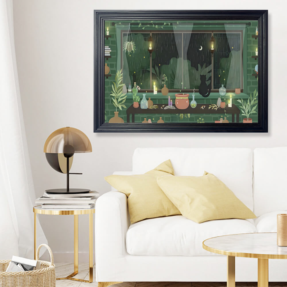 Creative Illustration Of Green Plants Indoors On A Rainy Day, Horizontal Framed Simple Decorative Canvas Painting