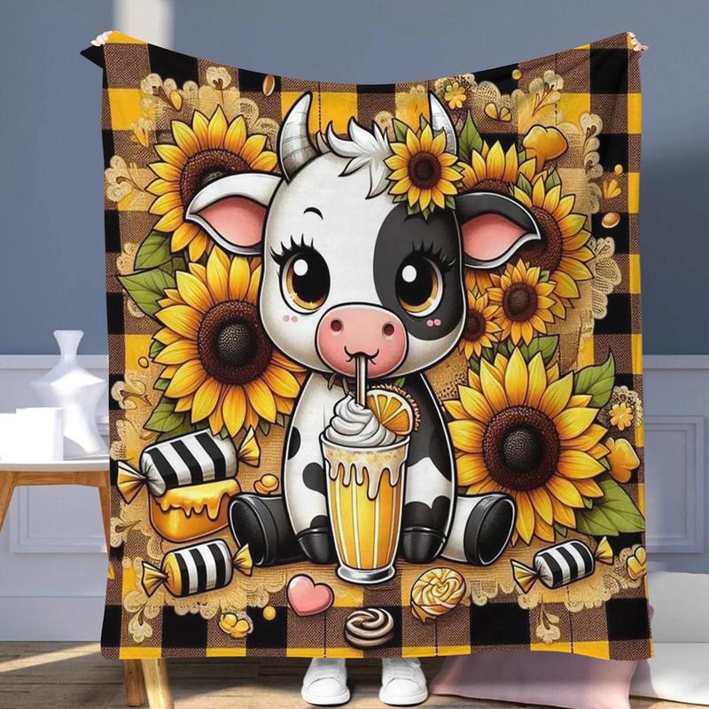 Cartoon Cow and Sunflower Blanket Soft Cozy Throw