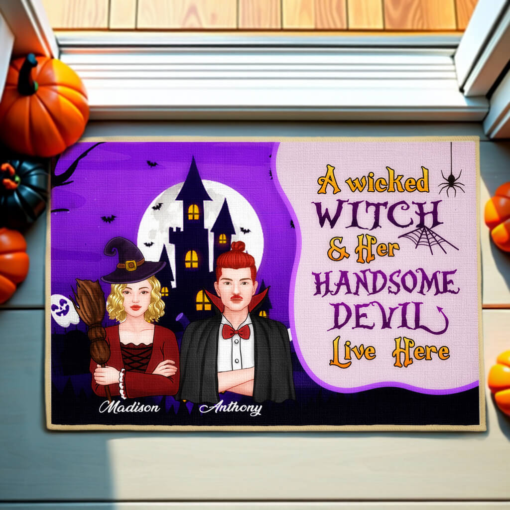 A Wicked Witch And Her Handsome Devil Live Here - Couple Personalized Decorative Mat, Doormat -  Halloween Gift For Couples, Husband Wife