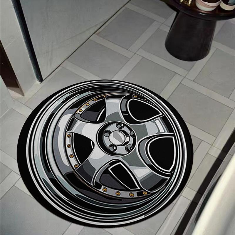 Black Car Tire Pattern Round Creative Non-slip Soft Comfortable Area Floormat