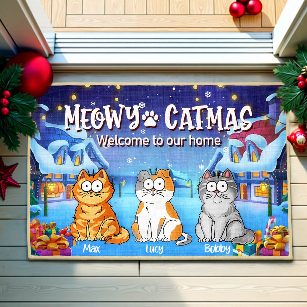 Meowy Catmas Welcome To Our Home - Personalized Decorative Mat For Cats, Doormat - Christmas Gifts For Pet Owners, Pet Lovers