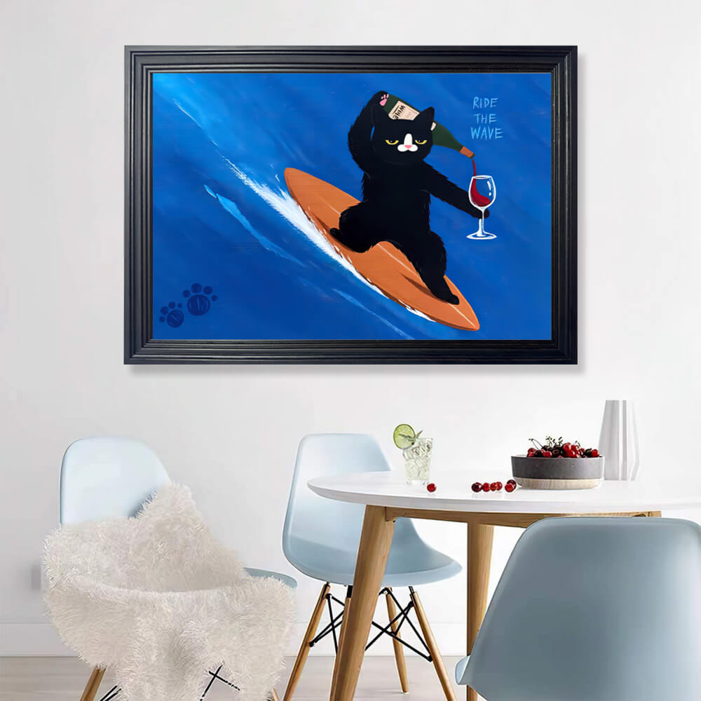 Cute Kitten Surfing Creative Illustration, Horizontal Framed Simple Decorative Canvas Painting