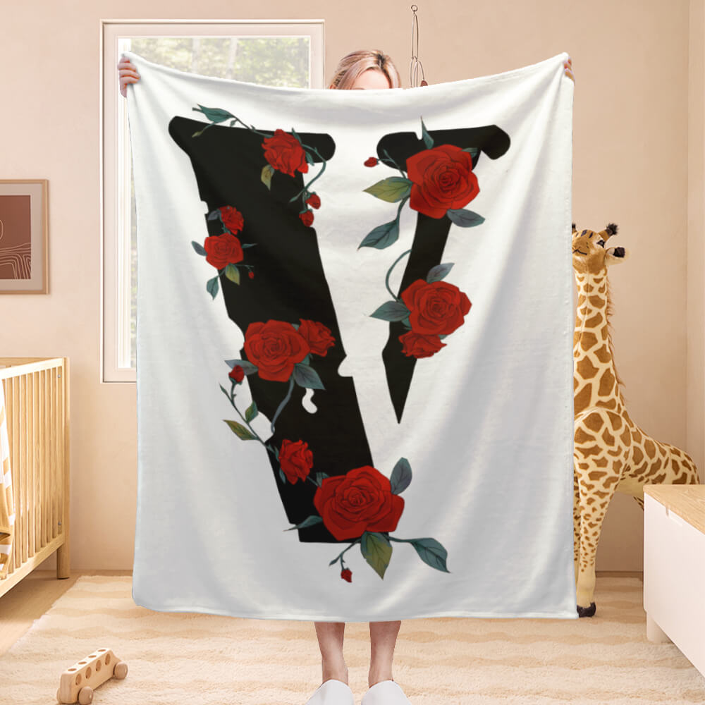 Rose And Letter V Creative Pattern Design, Blanket Soft And Comfortable