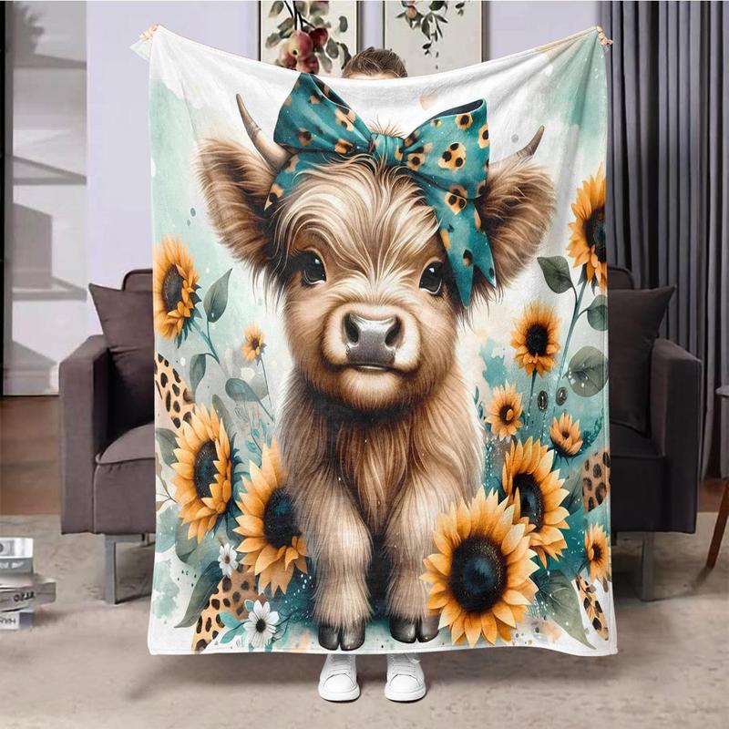 Sunflower Cow Flannel Blanket Soft Cozy Throw