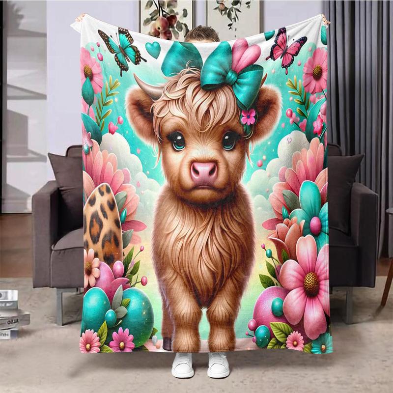 Flower & Highland Cattle Pattern Soft Comfortable Throw Blanket