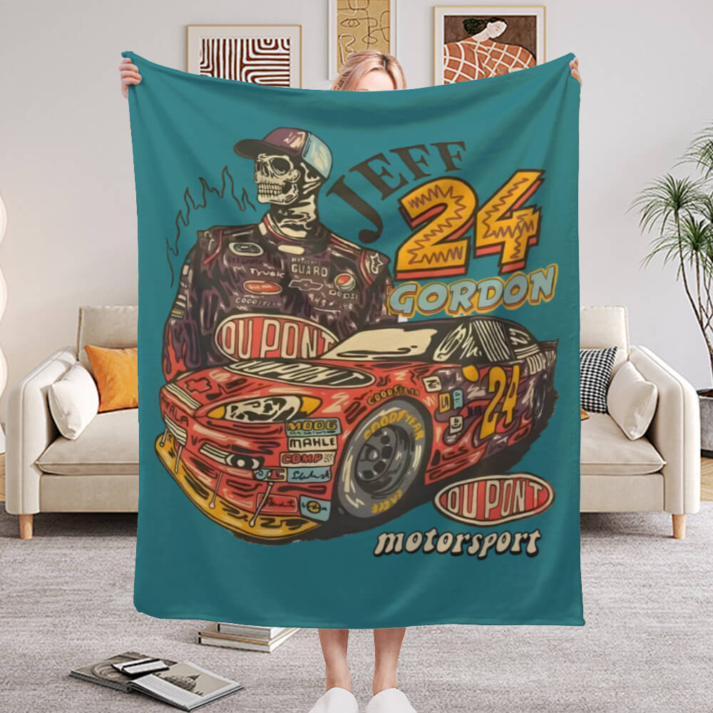 Racing Driver And His Racing Car, Cartoon Style Blanket, Soft And Comfortable