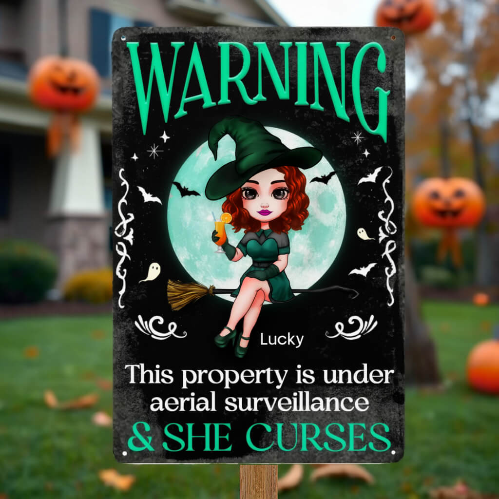 Warning This Property Is Under Aerial Surveillance - Personalized Custom Home Decor Witch Classic Metal Sign, Backyard Sign - Halloween Gift For Witches, Yourself