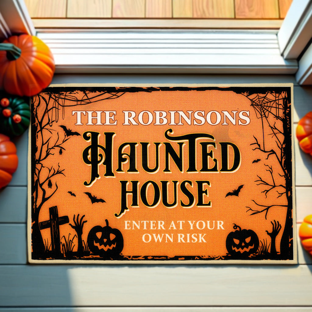 Enter At Your Own Risk - Personalized Decorative Mat, Doormat -  Halloween Gift For Family, Friends