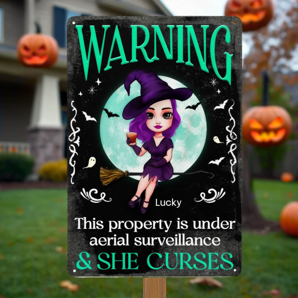 Warning This Property Is Under Aerial Surveillance - Personalized Custom Home Decor Witch Classic Metal Sign, Backyard Sign - Halloween Gift For Witches, Yourself