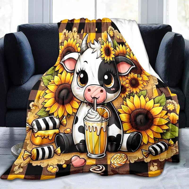 Cartoon Cow and Sunflower Blanket Soft Cozy Throw