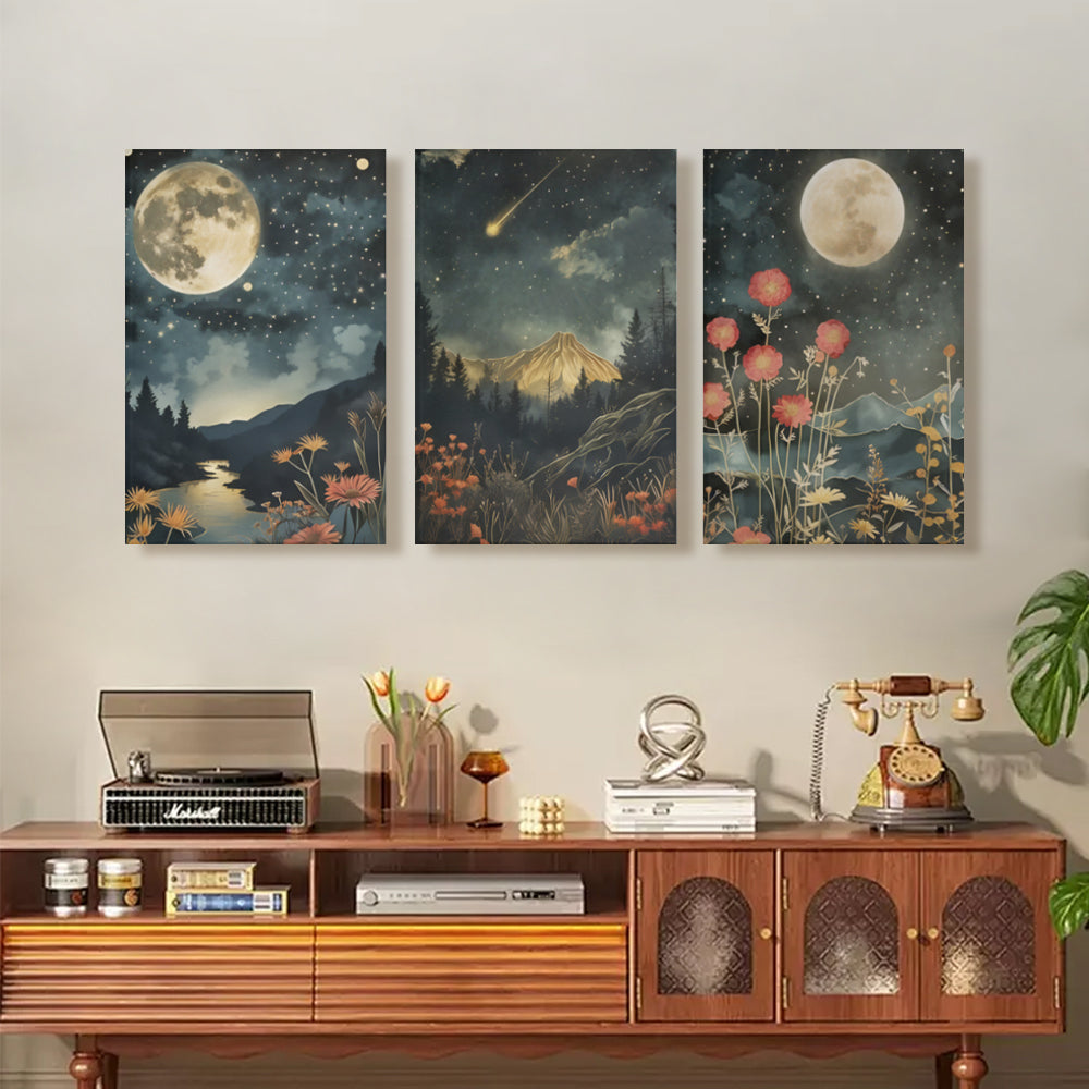 Floral Plants, Vintage Astronomy Art,Triple Frameless Canvas Painting.