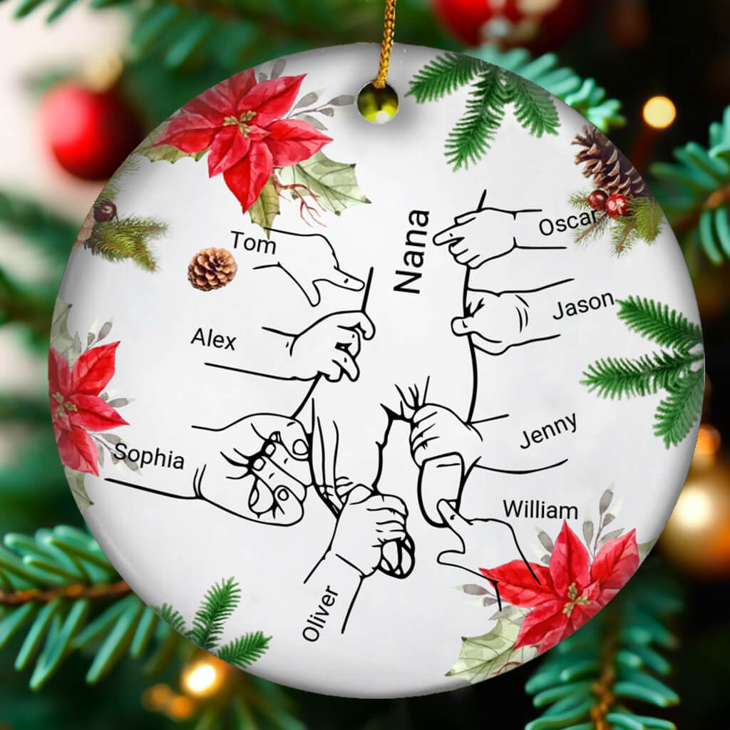 Christmas Hand in Hand I Will Always Protect You - Personalised Round Ceramic Ornament - Christmas Gift, Mother's Day Gift For Family, Mom, Grandma,