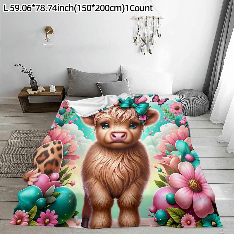 Flower & Highland Cattle Pattern Soft Comfortable Throw Blanket