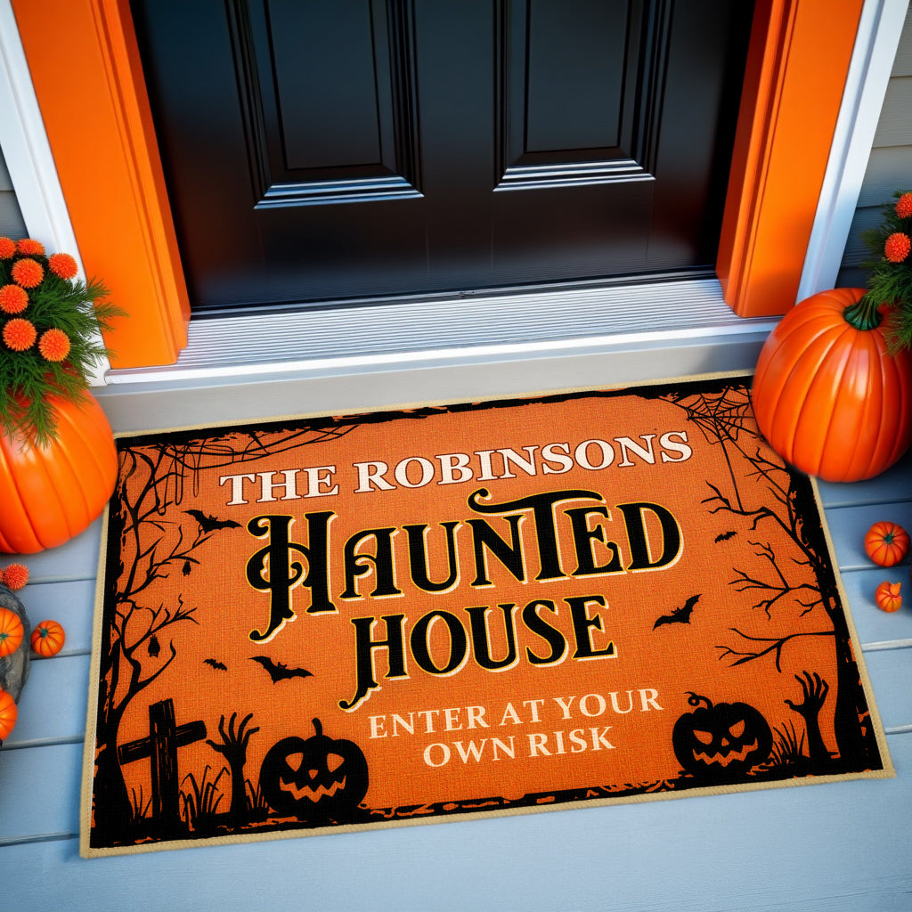 Enter At Your Own Risk - Personalized Decorative Mat, Doormat -  Halloween Gift For Family, Friends