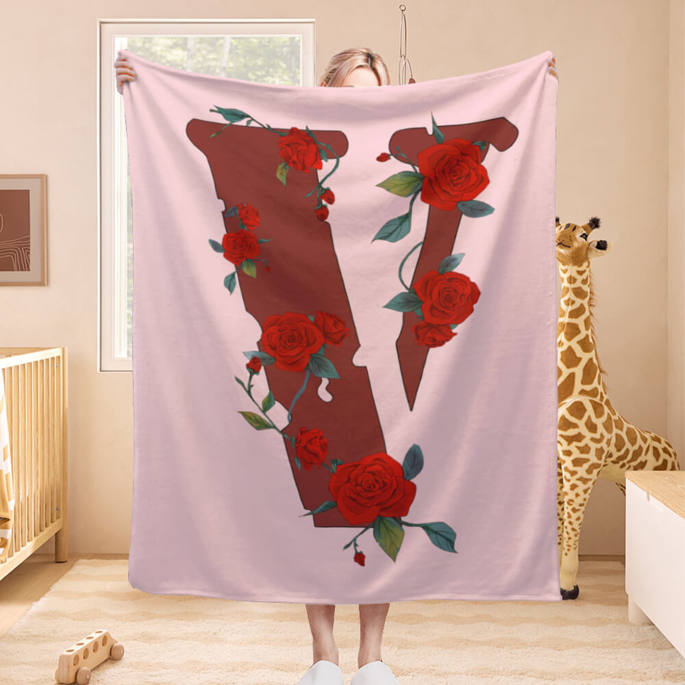 Rose And Letter V Creative Pattern Design, Blanket Soft And Comfortable