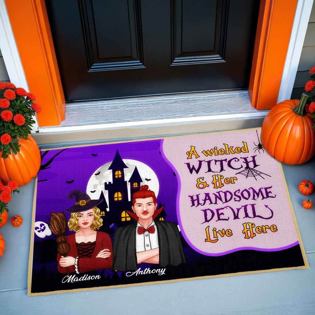 A Wicked Witch And Her Handsome Devil Live Here - Couple Personalized Decorative Mat, Doormat -  Halloween Gift For Couples, Husband Wife