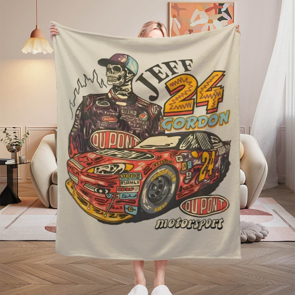 Racing Driver And His Racing Car, Cartoon Style Blanket, Soft And Comfortable