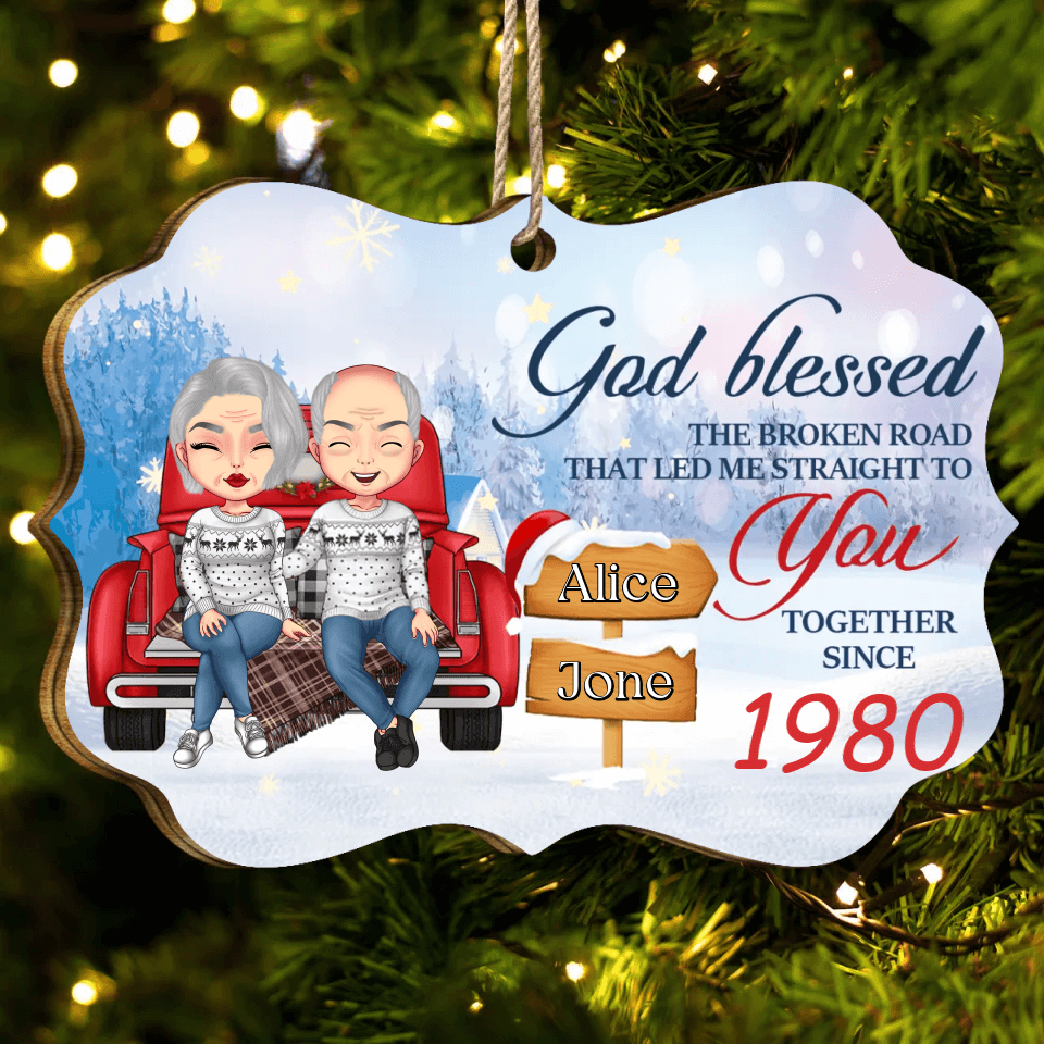 God Blessed The Broken Road - Personalized MDF and Aluminum Ornament - Gift For Couples, Husband Wife, Christmas Gift, Anniversary Gift