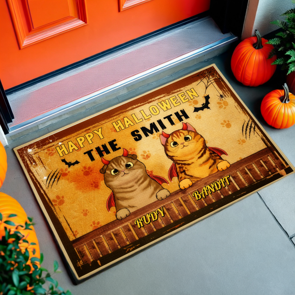 Happy Halloween - Personalized Decorative Mat, Doormat -  Halloween Gift For Cat Lovers, Pet Lovers