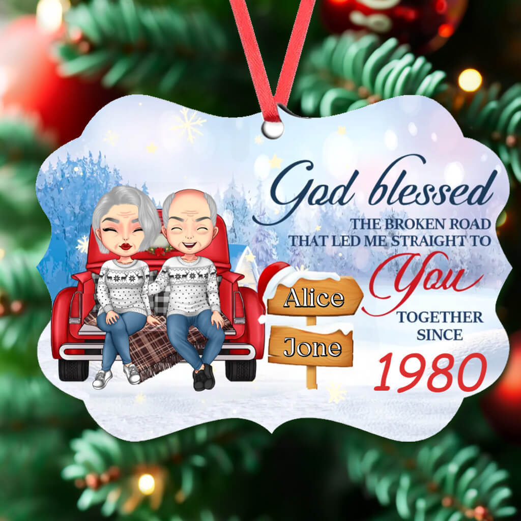 God Blessed The Broken Road - Personalized MDF and Aluminum Ornament - Gift For Couples, Husband Wife, Christmas Gift, Anniversary Gift