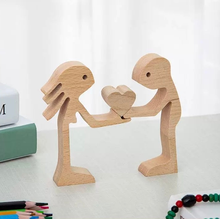 Man And Woman Stand With Heart Couple Wood Sculpture