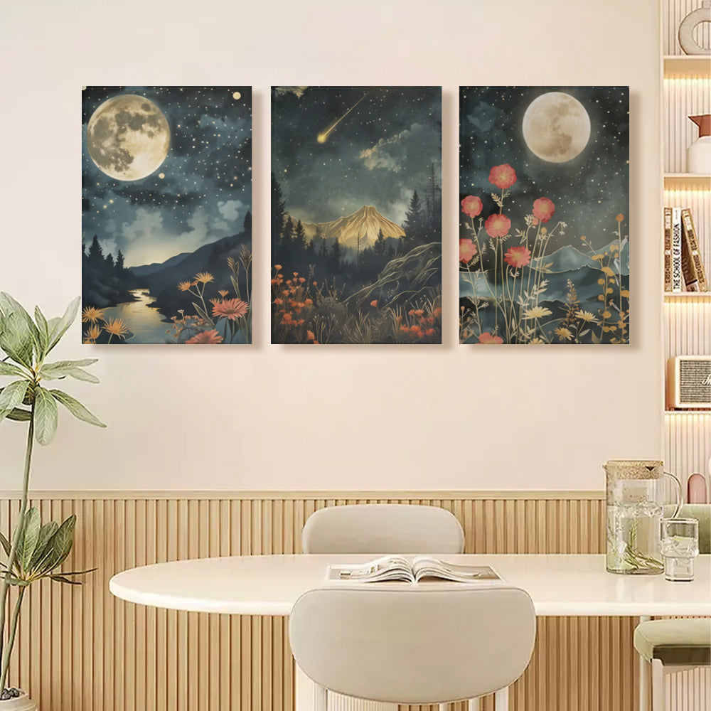 Floral Plants, Vintage Astronomy Art,Triple Frameless Canvas Painting.