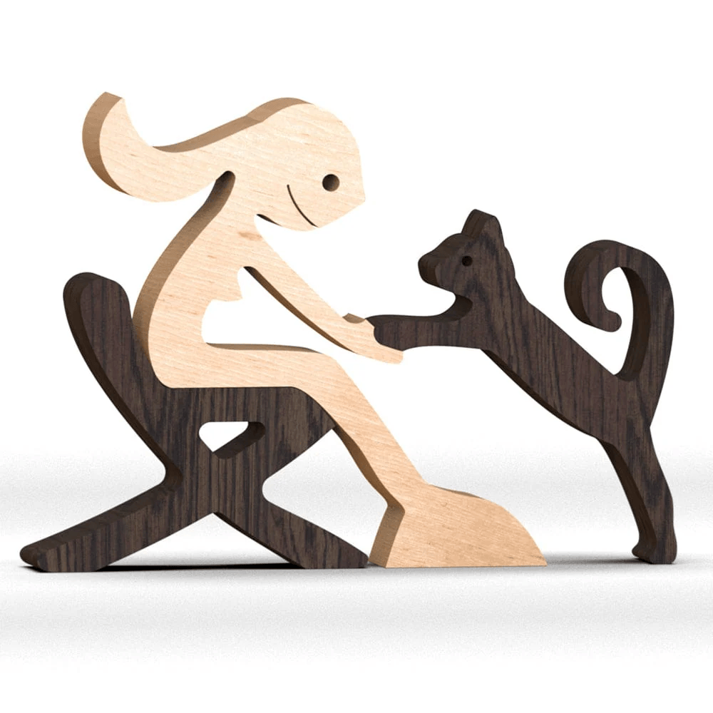 A Woman With Cat Wood Sculpture