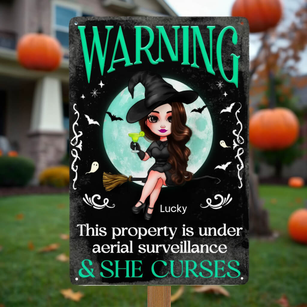 Warning This Property Is Under Aerial Surveillance - Personalized Custom Home Decor Witch Classic Metal Sign, Backyard Sign - Halloween Gift For Witches, Yourself