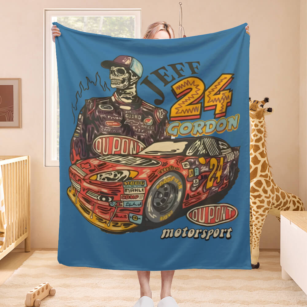 Racing Driver And His Racing Car, Cartoon Style Blanket, Soft And Comfortable