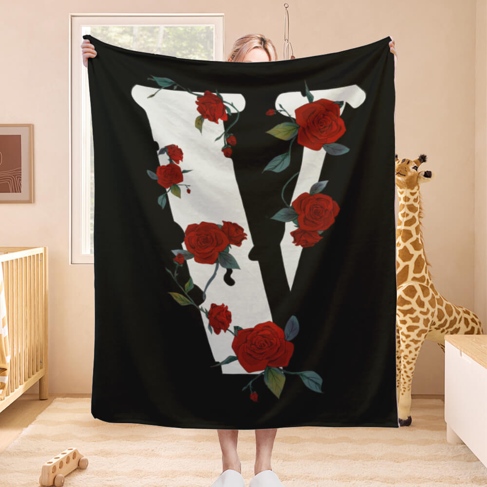 Rose And Letter V Creative Pattern Design, Blanket Soft And Comfortable