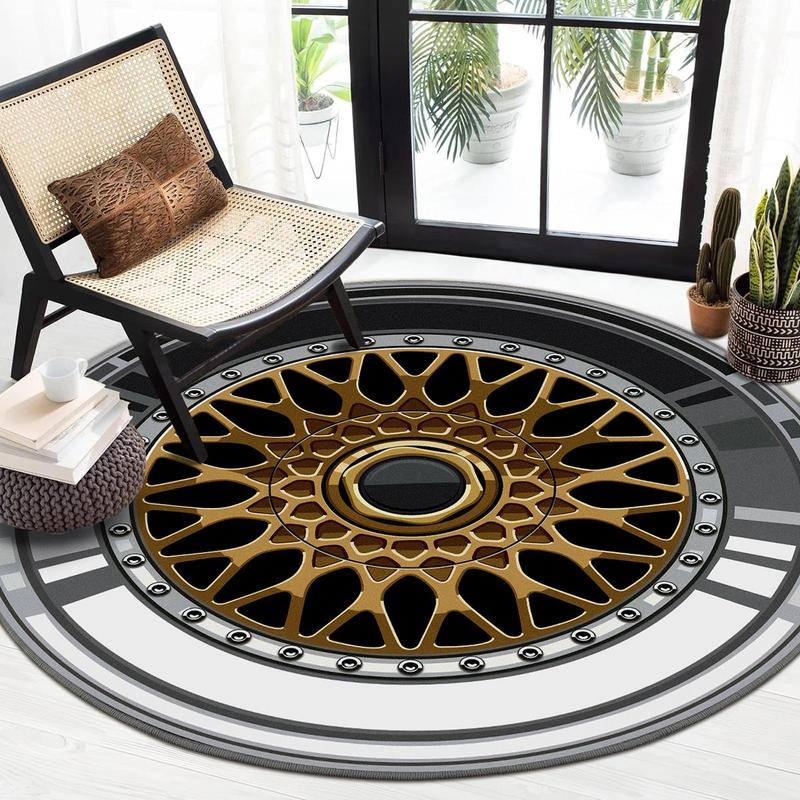 Yellow Car Tire Pattern Round Creative Non-slip Soft Comfortable Area Floormat