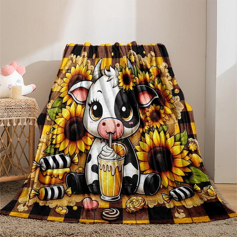 Cartoon Cow and Sunflower Blanket Soft Cozy Throw