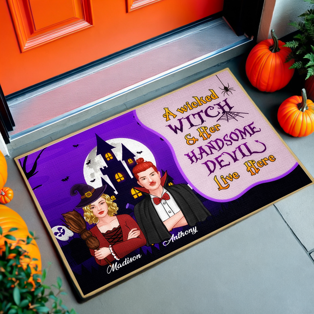 A Wicked Witch And Her Handsome Devil Live Here - Couple Personalized Decorative Mat, Doormat -  Halloween Gift For Couples, Husband Wife