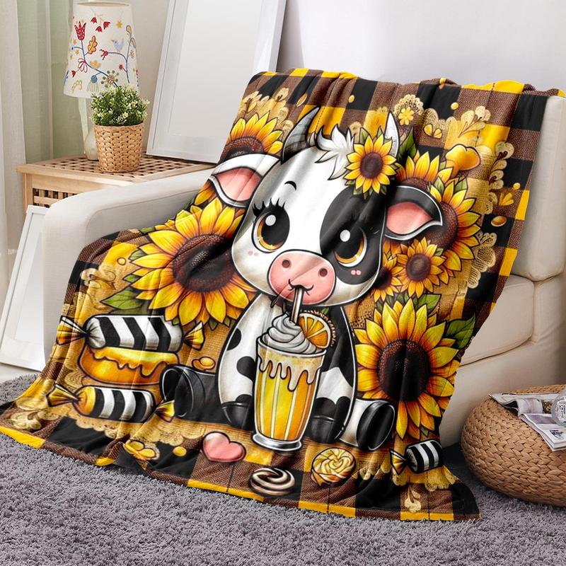 Cartoon Cow and Sunflower Blanket Soft Cozy Throw