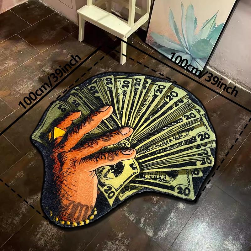 Money & Hand Pattern Soft Decorative Non Slip Bedside Shaggy Floormat