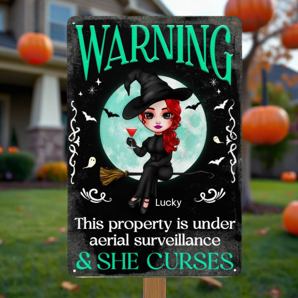 Warning This Property Is Under Aerial Surveillance - Personalized Custom Home Decor Witch Classic Metal Sign, Backyard Sign - Halloween Gift For Witches, Yourself