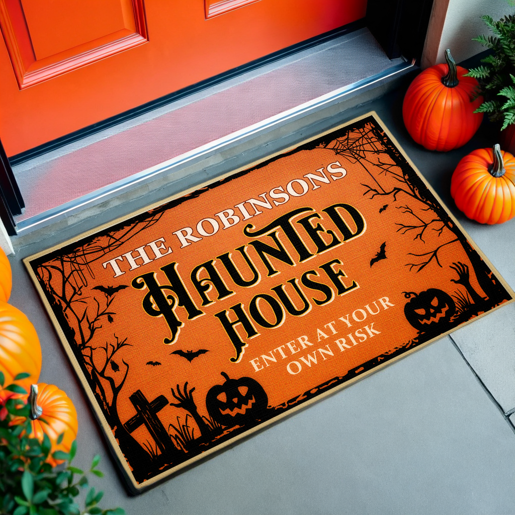 Enter At Your Own Risk - Personalized Decorative Mat, Doormat -  Halloween Gift For Family, Friends