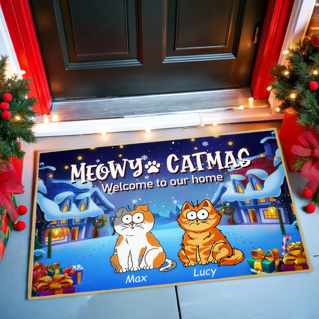 Meowy Catmas Welcome To Our Home - Personalized Decorative Mat For Cats, Doormat - Christmas Gifts For Pet Owners, Pet Lovers