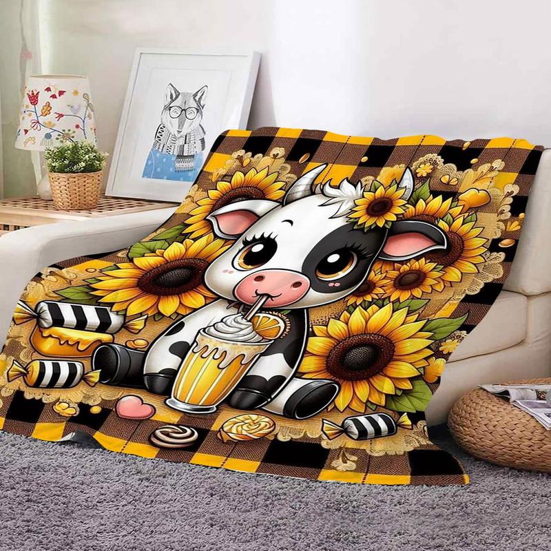 Cartoon Cow and Sunflower Blanket Soft Cozy Throw