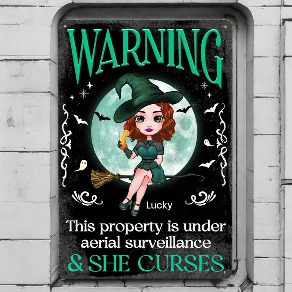 Warning This Property Is Under Aerial Surveillance - Personalized Custom Home Decor Witch Classic Metal Sign, Backyard Sign - Halloween Gift For Witches, Yourself