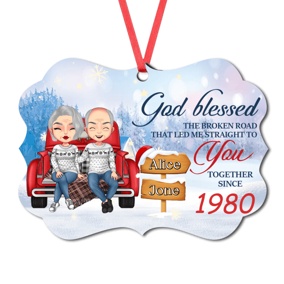 God Blessed The Broken Road - Personalized MDF and Aluminum Ornament - Gift For Couples, Husband Wife, Christmas Gift, Anniversary Gift