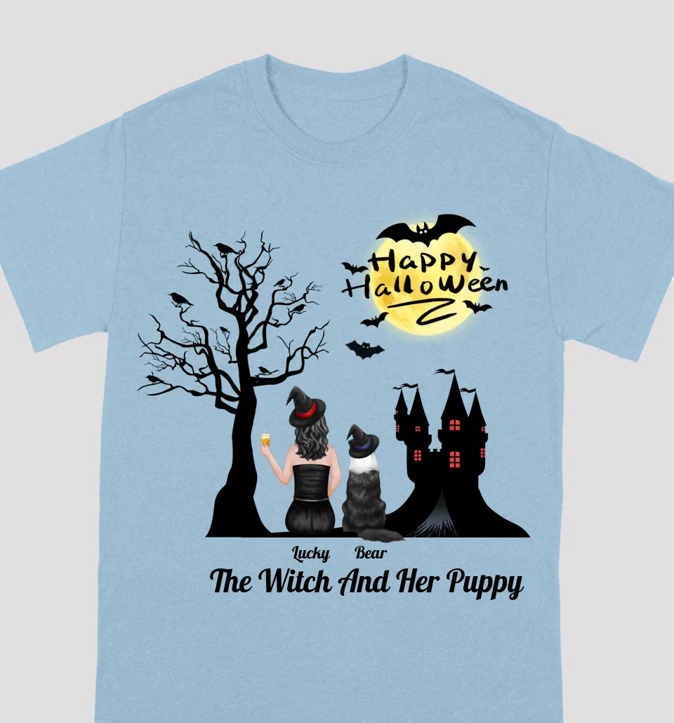 The Witch And Her Puppy - Personalized Unisex T-shirt, Sweatshirt, Hoodie - Halloween Gifts For Witches, Dog Lovers, Pet Lovers