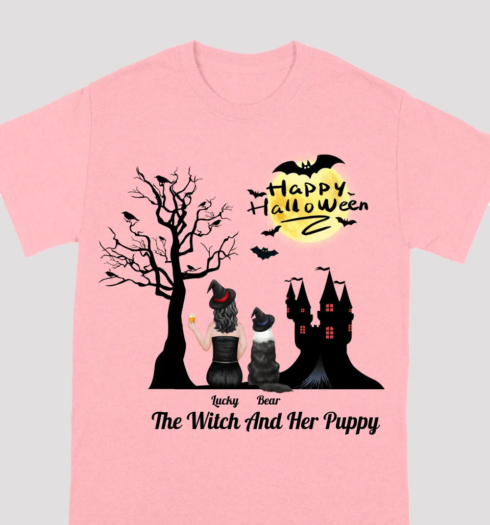 The Witch And Her Puppy - Personalized Unisex T-shirt, Sweatshirt, Hoodie - Halloween Gifts For Witches, Dog Lovers, Pet Lovers