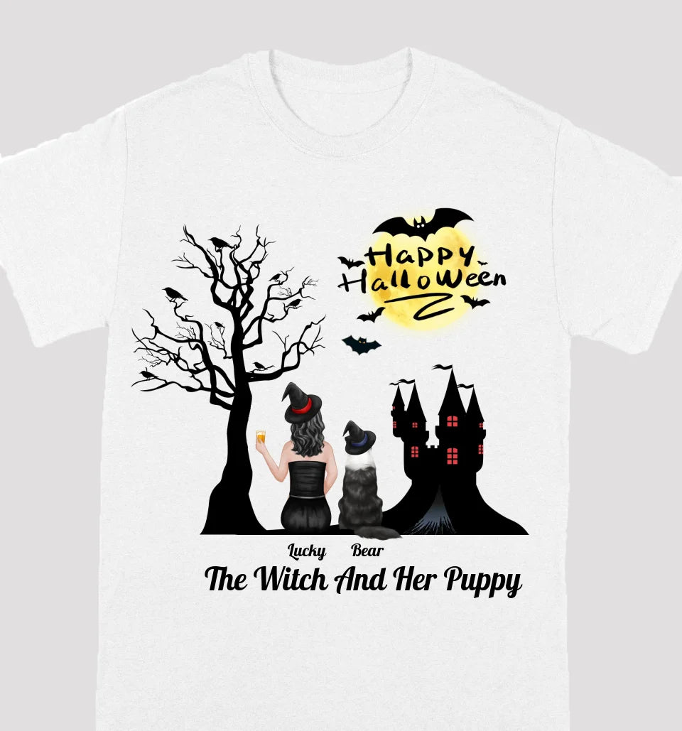 The Witch And Her Puppy - Personalized Unisex T-shirt, Sweatshirt, Hoodie - Halloween Gifts For Witches, Dog Lovers, Pet Lovers