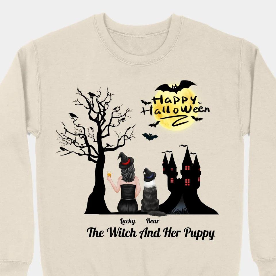 The Witch And Her Puppy - Personalized Unisex T-shirt, Sweatshirt, Hoodie - Halloween Gifts For Witches, Dog Lovers, Pet Lovers