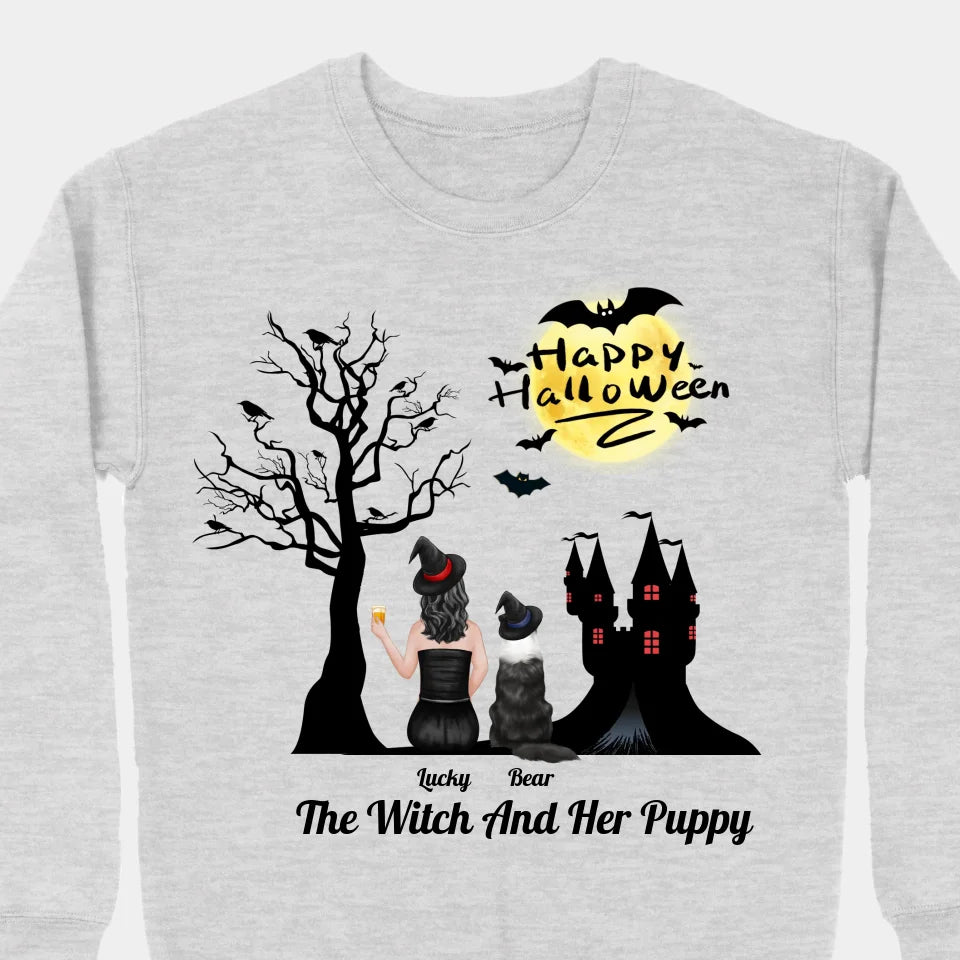 The Witch And Her Puppy - Personalized Unisex T-shirt, Sweatshirt, Hoodie - Halloween Gifts For Witches, Dog Lovers, Pet Lovers