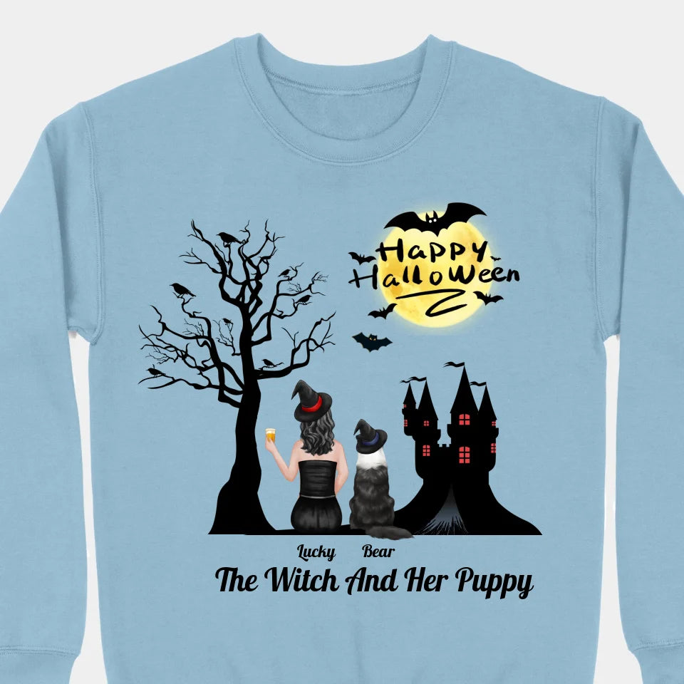 The Witch And Her Puppy - Personalized Unisex T-shirt, Sweatshirt, Hoodie - Halloween Gifts For Witches, Dog Lovers, Pet Lovers