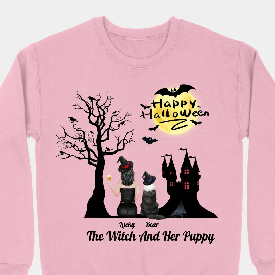 The Witch And Her Puppy - Personalized Unisex T-shirt, Sweatshirt, Hoodie - Halloween Gifts For Witches, Dog Lovers, Pet Lovers