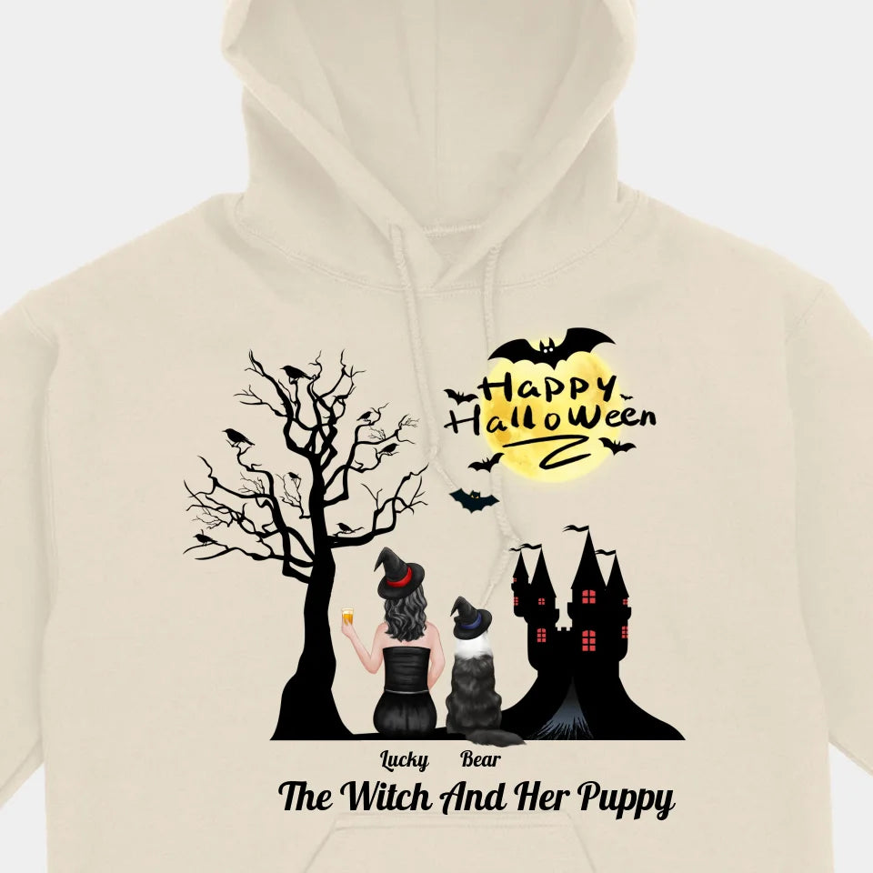 The Witch And Her Puppy - Personalized Unisex T-shirt, Sweatshirt, Hoodie - Halloween Gifts For Witches, Dog Lovers, Pet Lovers